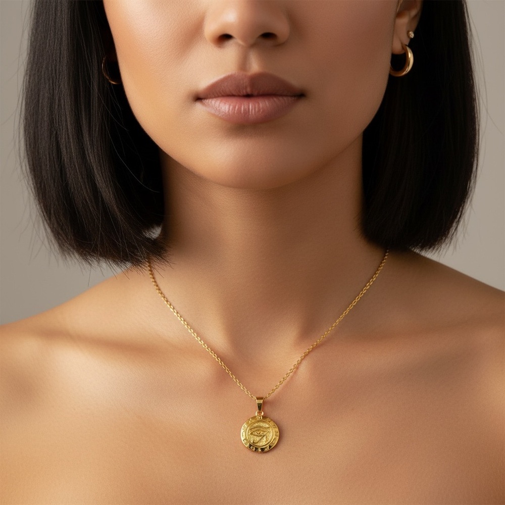 18k Gold Plated Eye Disc Pendant Necklace with Eye of Horus. New. - Picture 2 of 9